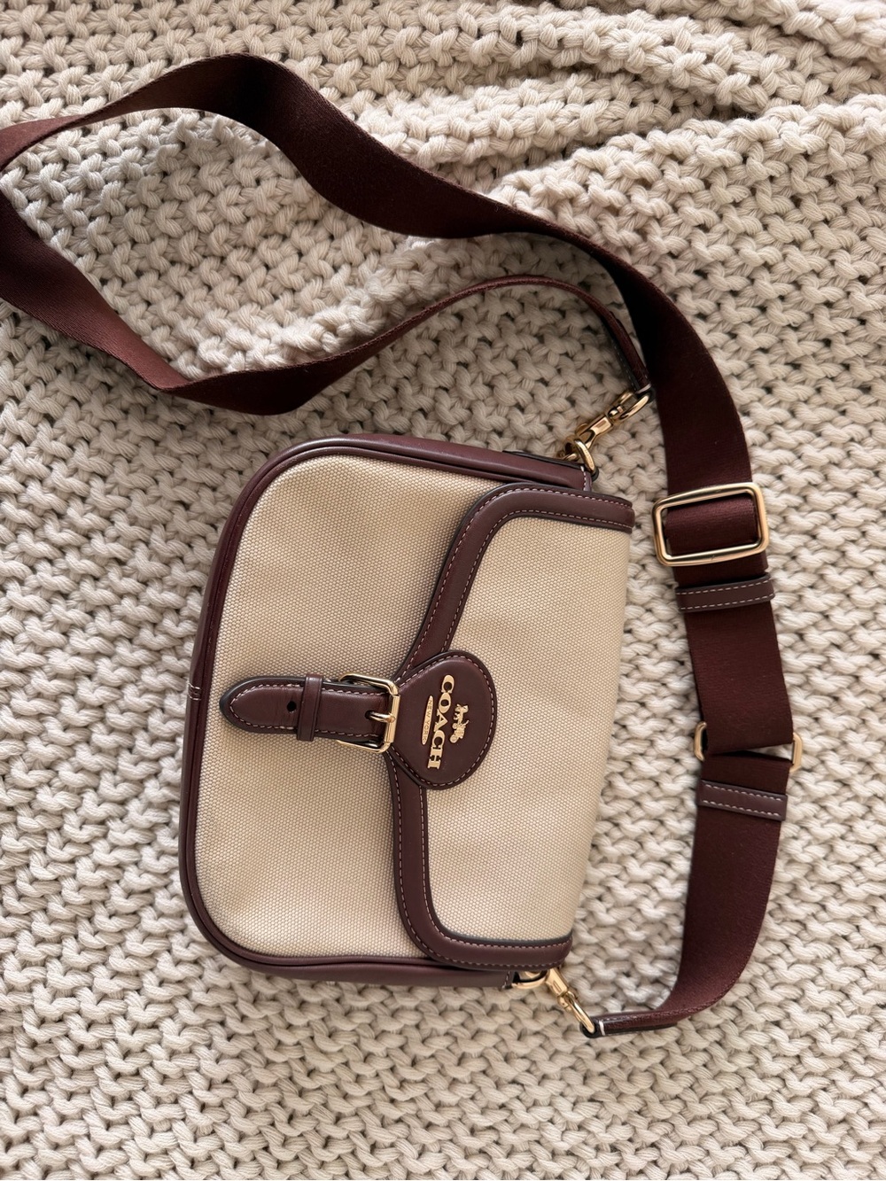 Coach Beige and Brown Canvas Crossbody with Gold Hardware
